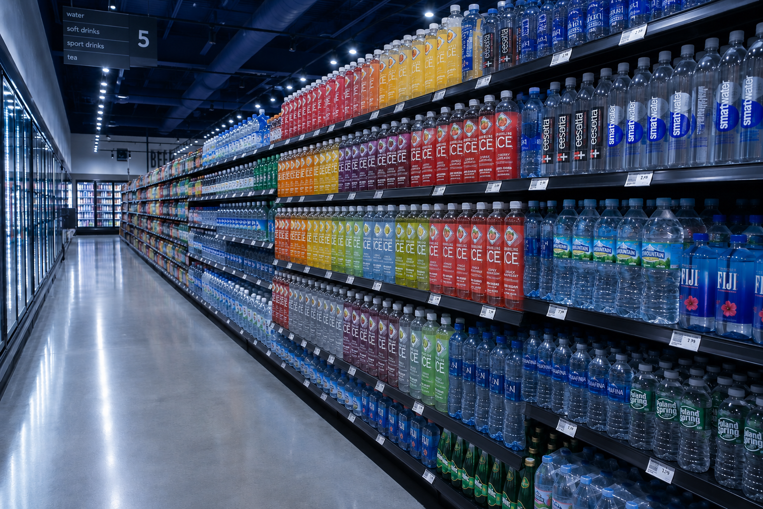 Retail water aisle shelves stocked with colorful beverage bottles