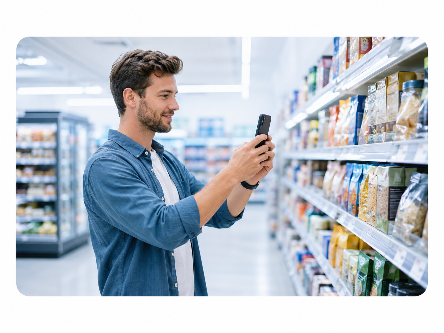 Shopper filming store shelves with a smartphone