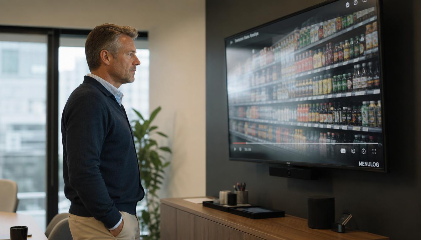 CEO in a modern office reviewing a retail beverage aisle on a large screen